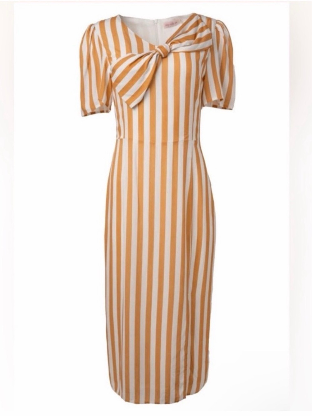 Ivy City Co Striped Mustard & White Midi Dress with Neck Tie